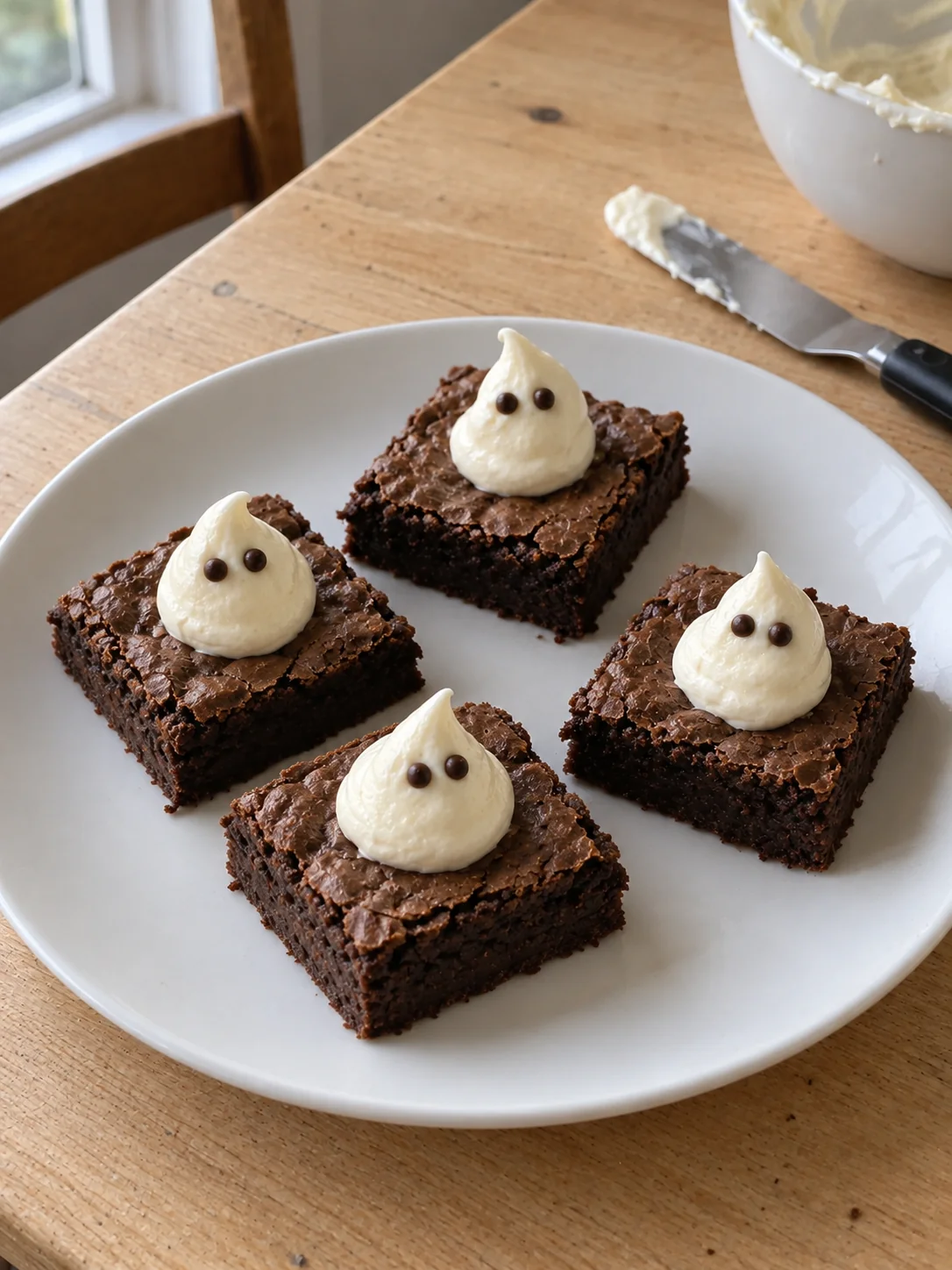Chocolate brownies topped with little buttercream ghosts