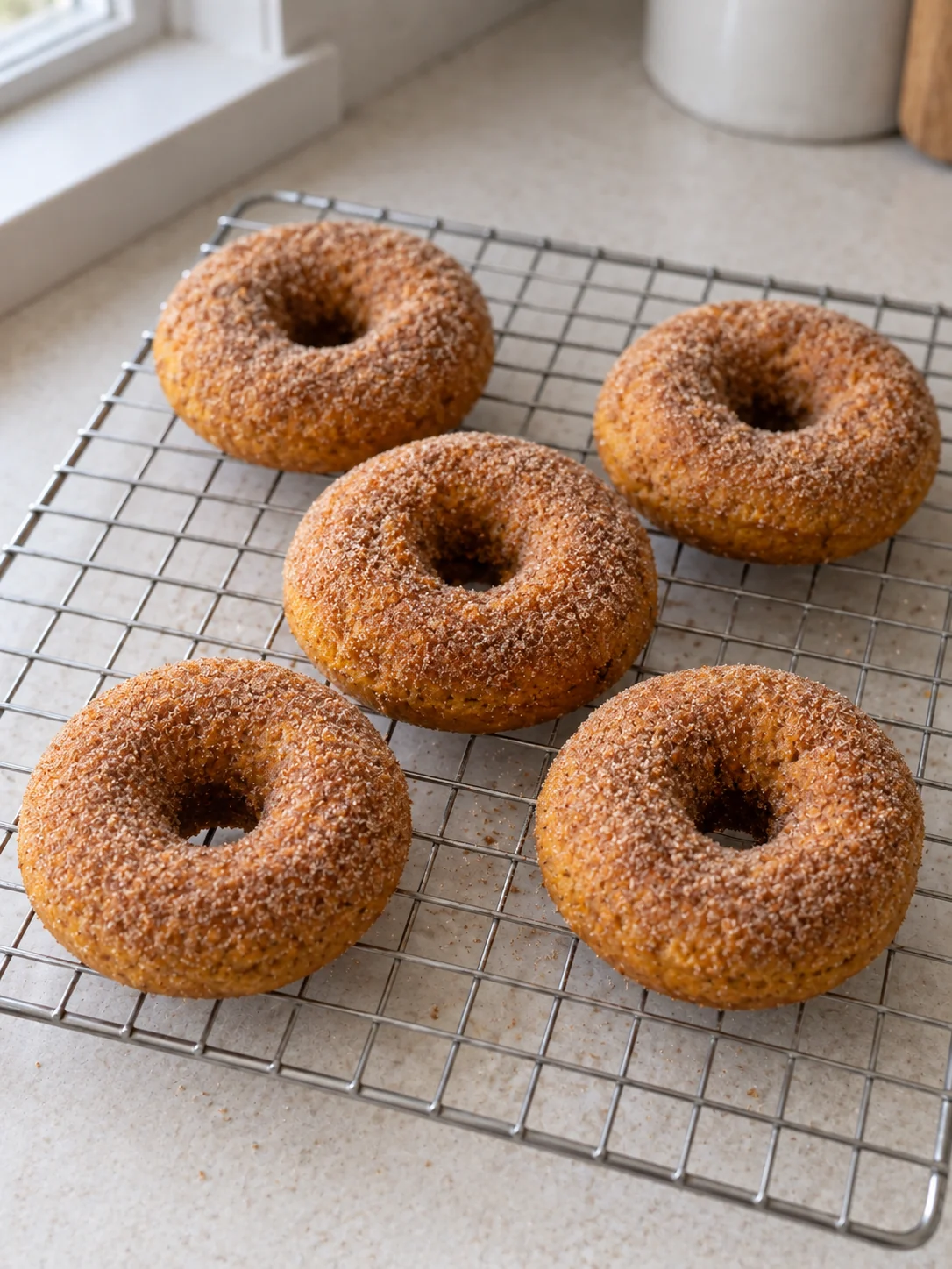 Cinnamon-sugar pumpkin doughnuts cooling in the kitchen