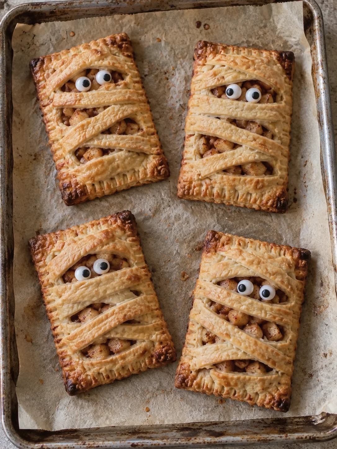 Generated illustration of cinnamon-apple mummy hand pies with crisscrossed golden pastry strips and candy eyes on parchment.