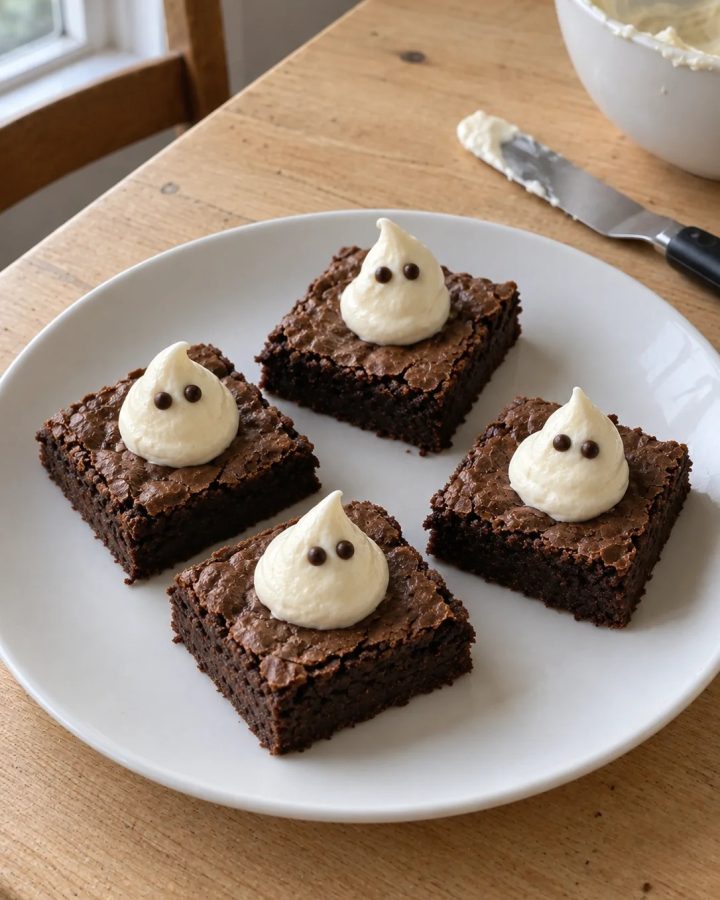Generated illustration of chocolate brownies topped with small vanilla buttercream ghosts and chocolate eyes on a white plate.